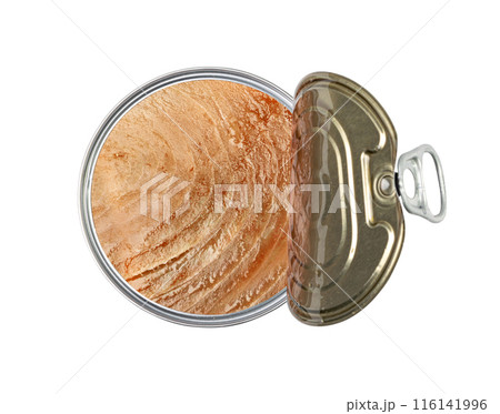 Canned Tuna Isolated, Albacore Fish Chunks in Open Tin Can, Tuna Oil Preserve, Seafood Conserve 116141996