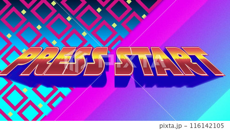 Bright colors highlight PRESS START against retro pattern background Bright colors highlight PRESS START against retro pattern background 116142105