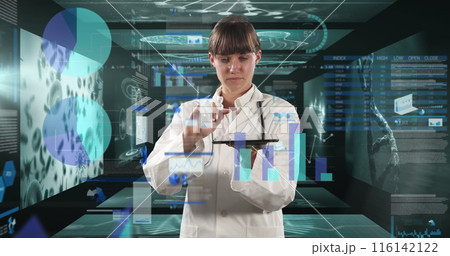 Caucasian assistant in white coat uses holographic displays 116142122