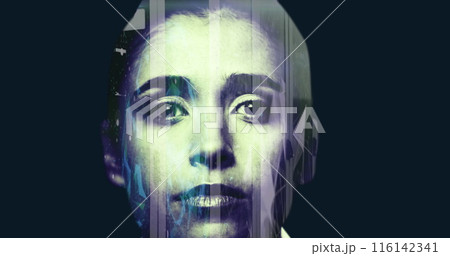 Caucasian colleague with digital effects overlaying her face, looking forward 116142341