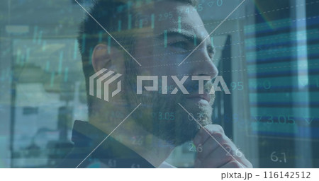 Image of data processing over businesswoman using phone headset 116142512