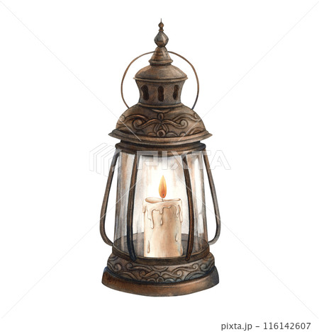 Vintage lantern, copper with rust. Watercolor illustration hand drawn in Gothic style on an isolated background. Suitable for Halloween design, vintage holidays, wedding, cards, posters, packaging Vintage lantern, copper with rust. Watercolor illustration hand drawn in Gothic style on an isolated background. Suitable for Halloween design, vintage holidays, wedding, cards, posters, packaging 116142607