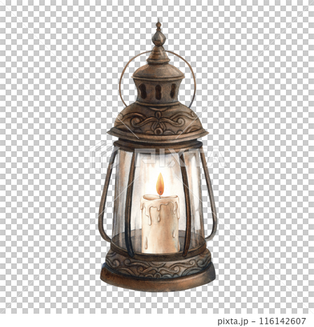 Vintage lantern, copper with rust. Watercolor illustration hand drawn in Gothic style on an isolated background. Suitable for Halloween design, vintage holidays, wedding, cards, posters, packaging Vintage lantern, copper with rust. Watercolor illustration hand drawn in Gothic style on an isolated background. Suitable for Halloween design, vintage holidays, wedding, cards, posters, packaging 116142607