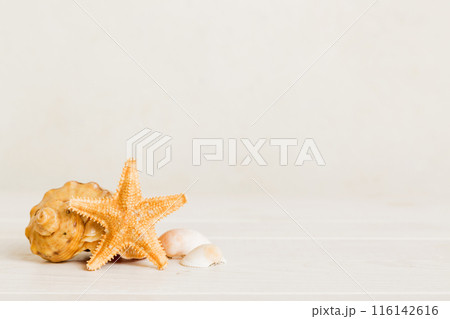 Summer time concept with sea shells or starfish on a table background with copy space for text 116142616