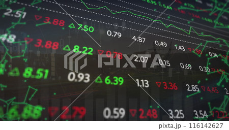 Image of computer and scientific data processing on black background 116142627