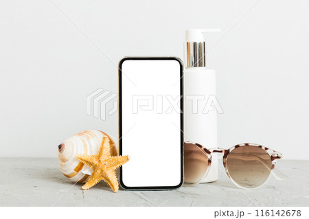 Smartphone mock up template with summer objects. Perspective view with copy space for text 116142678