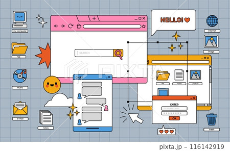 Vaporwave digital screen. 90s old style aesthetics user interface. Retro personal computer screen icons, elements. Desktop objects in y2k style. Vector illustration Vaporwave digital screen. 90s old style aesthetics user interface. Retro personal computer screen icons, elements. Desktop objects in y2k style. Vector illustration 116142919