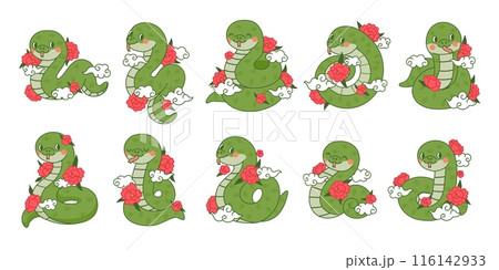 Chinese green snakes. Asian festival symbols. Cartoon cute snake with flowers and clouds. Zodiac horoscope animals. Happy character reptile in various poses. Vector set 116142933