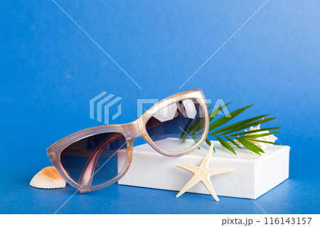 sunglasses with seashell lying on table background. Sunglasses on summer background. Top view flat lay with copy space for text sunglasses with seashell lying on table background. Sunglasses on summer background. Top view flat lay with copy space for text 116143157