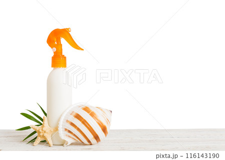 Professional Summer face skincare. Unbranded flacon with moisturizing liquid. Cream or lotion. Summer decorations, seashell and starfish, on table with isolated background. Beauty concept Perspective Professional Summer face skincare. Unbranded flacon with moisturizing liquid. Cream or lotion. Summer decorations, seashell and starfish, on table with isolated background. Beauty concept Perspective 116143190