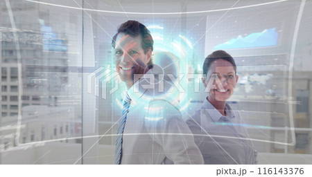 Image of financial data processing over diverse business people at office 116143376