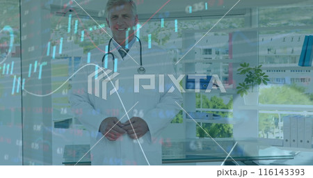 Caucasian senior colleague/father figure in white coat holding stethoscope 116143393