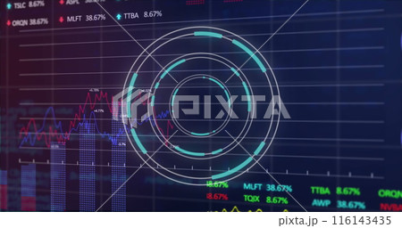 Image of round scanner, statistical and stock market data processing on purple background Image of round scanner, statistical and stock market data processing on purple background 116143435