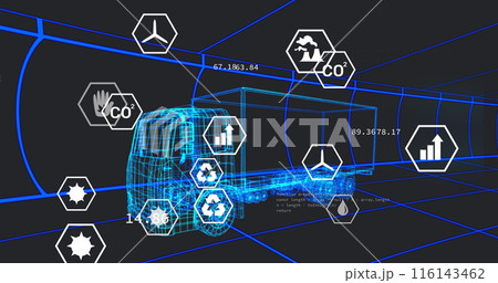 Image of multiple digital icons over 3d truck model in seamless pattern and data processing Image of multiple digital icons over 3d truck model in seamless pattern and data processing 116143462