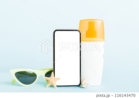 Smartphone mock up template with summer objects. Perspective view with copy space for text 116143470