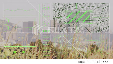 Image of interface with data processing against aerial view of cityscape 116143621