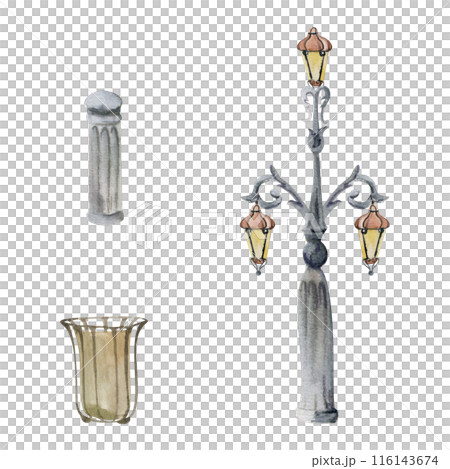 Old European city town space, village urban planning, street lamp post, lantern, litter bin. Watercolor hand drawn illustration. For tourist shops, souvenirs, travel brochures, architectural bureau 116143674