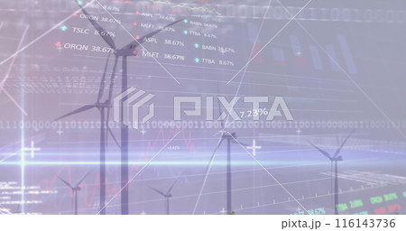 Image of statistical and stock market data processing against spinning windmills on grassland 116143736