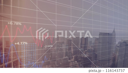 Image of statistical data processing over grid network against aerial view of cityscape 116143737