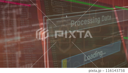 Image of interface with data processing against security padlock icon 116143738
