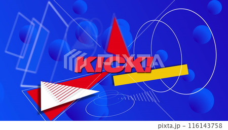 Image of kick text and geometric shape over circles against blue background 116143758