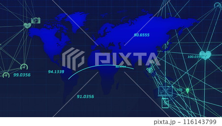Image of financial data processing and network of connections over world map on black background 116143799