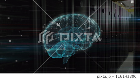 Image of viewfinders around illuminated digital human brain over server room 116143800