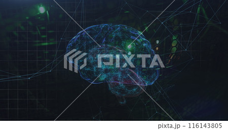 Image of network of connections and human brain icon spinning against computer server 116143805