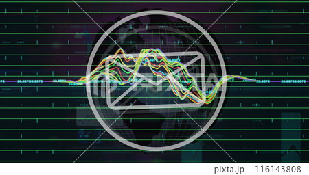 Image of message icon over statistical data processing over spinning globe on black background 116143808