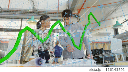 Image of graph, changing numbers and mathematical equations, diverse coworkers sharing ideas Image of graph, changing numbers and mathematical equations, diverse coworkers sharing ideas 116143891