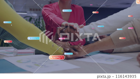 Image of notification bars, midsection of diverse coworker discussing and putting hands together 116143935