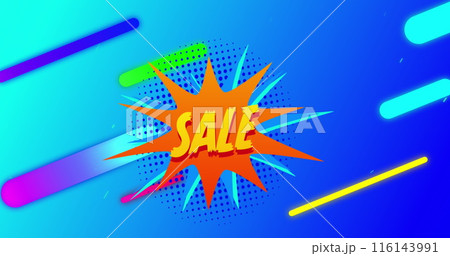 Image of sale text on color splash, dots forming circles, multicolored bars over blue background Image of sale text on color splash, dots forming circles, multicolored bars over blue background 116143991