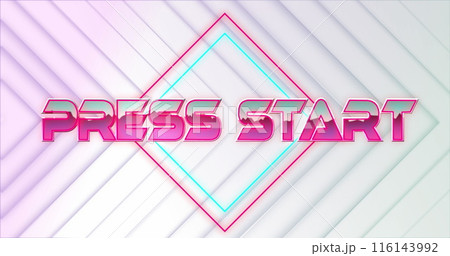 Image of press start text on rhombuses with abstract pattern over white background 116143992