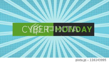 Image of cyber monday text in rectangle with sunburst against blue background Image of cyber monday text in rectangle with sunburst against blue background 116143995