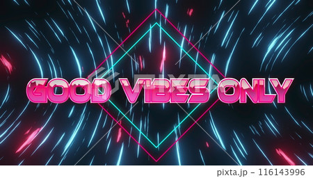 Image of good vibes only text on rhombuses with circular pattern over black background Image of good vibes only text on rhombuses with circular pattern over black background 116143996