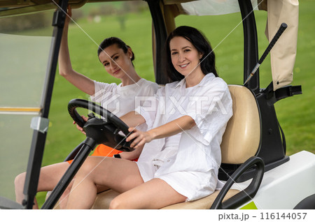 Beautiful woman posing by the car with golf equipment on the course 116144057