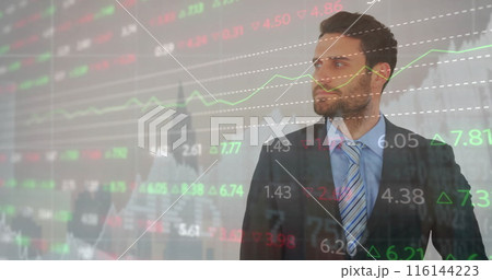 Image of trading board and building over frustrated caucasian man looking at time Image of trading board and building over frustrated caucasian man looking at time 116144223