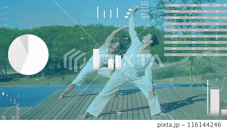 Caucasian couple practicing yoga on wooden deck, surrounded by nature 116144246