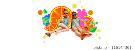Banner. Contemporary art collage. Two little fashionista, girls dressed swimwear and glasses rest against background with colorful floral patter and fruits. 116144361