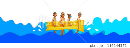 Banner. Contemporary art collage. Little kids, boys and girls, carrying inflatable yellow mattress to swim and relax in ocean waves. Banner. Contemporary art collage. Little kids, boys and girls, carrying inflatable yellow mattress to swim and relax in ocean waves. 116144371