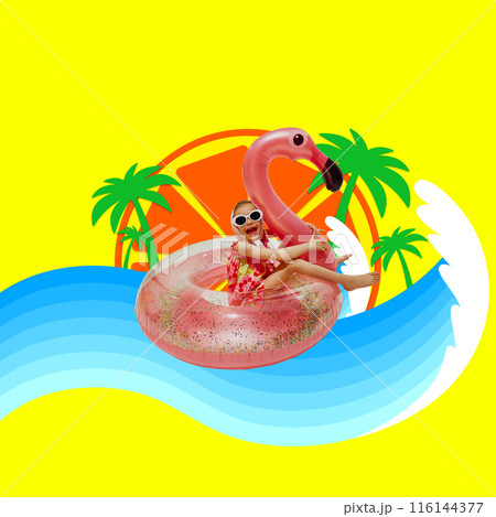 Poster. Contemporary art collage. Funny little kid, sitting on inflatable flamingo-ring on ocean waves against yellow background with slice of orange and palm trees. Poster. Contemporary art collage. Funny little kid, sitting on inflatable flamingo-ring on ocean waves against yellow background with slice of orange and palm trees. 116144377