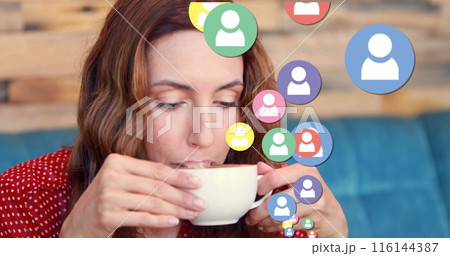 Image of social media icons and numbers over woman drinking coffee Image of social media icons and numbers over woman drinking coffee 116144387