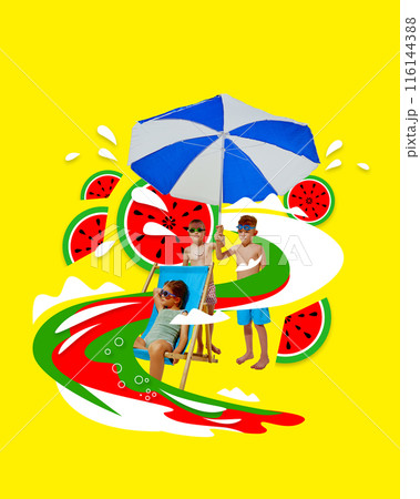 Poster. Contemporary art collage. Girl lounges on chair while hey friend holding umbrella for her surrounded playful watermelon and colorful wave. 116144388