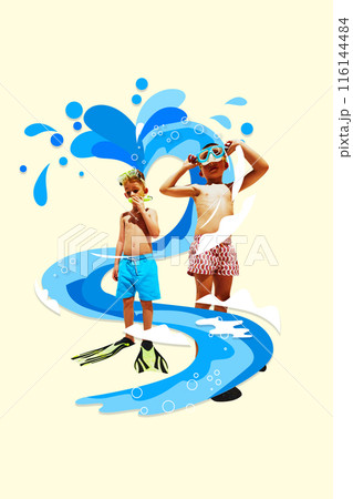 Poster. Contemporary art collage. Two little boys in diving gear ready to dive into water, surrounded by blue vortex as if wave of fun and joy. 116144484
