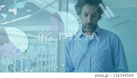 Caucasian middle-aged man in blue shirt analyzing digital graphs 116144504