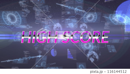 Image of high score text over data processing on dark background 116144512
