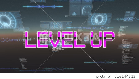 Image of level up text over data processing on dark background 116144513