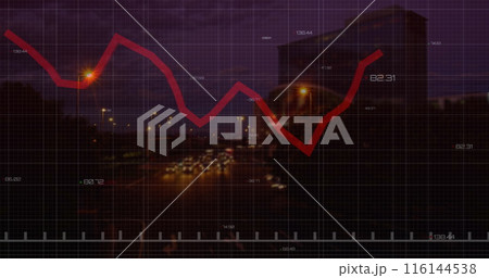 Image of financial graphs and data over cityscape at night 116144538