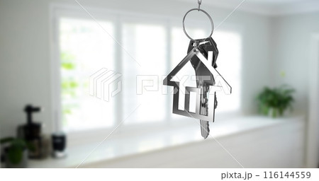 Image of silver key and house key ring over blurred house interior 116144559