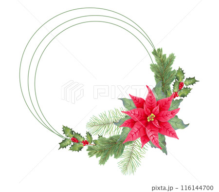 Christmas wreath with poinsettia flower, holly branches with berries and fir. Illustration with watercolors,markers. Natural frame for the winter holidays of the New Year. Hand drawn isolated clipart Christmas wreath with poinsettia flower, holly branches with berries and fir. Illustration with watercolors,markers. Natural frame for the winter holidays of the New Year. Hand drawn isolated clipart 116144700